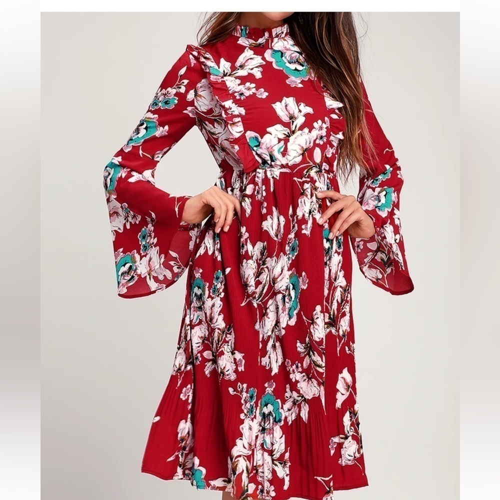Lulu’s Floral Garden Glory Ruffle Pleated Midi Red Dress S